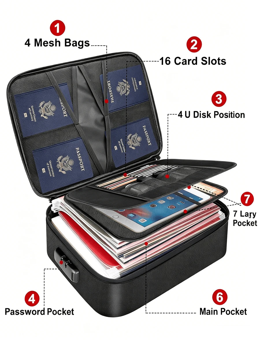 Large Capacity Brief Case, Fireproof Waterproof Lockable File Organizer, Multi-Layer Document Storage Box, Portable Laptop Pouch With Card Slots, Storage Bag For Certificates, Passports & Valuables, H