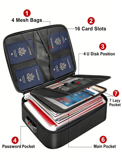 Large Capacity Brief Case, Fireproof Waterproof Lockable File Organizer, Multi-Layer Document Storage Box, Portable Laptop Pouch With Card Slots, Storage Bag For Certificates, Passports & Valuables, H