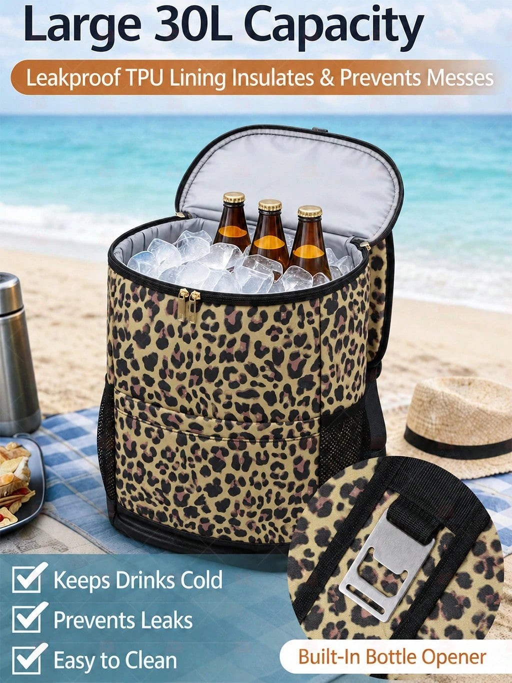 Large Capacity Picnic Cooler Backpack, 30L Leak Resistant Insulated Soft Cooler With Easy Clean Lining, Bottle Opener And Front Pocket