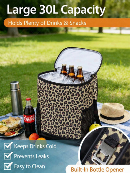 Large Capacity Picnic Cooler Backpack, 30L Leak Resistant Insulated Soft Cooler With Easy Clean Lining, Bottle Opener And Front Pocket