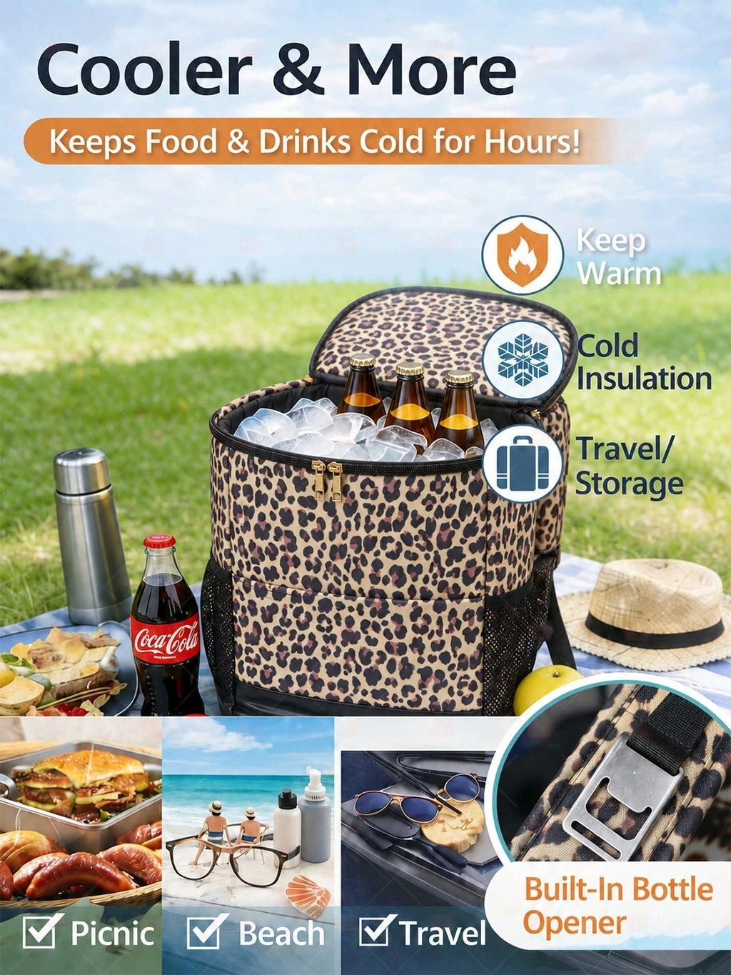 Large Capacity Picnic Cooler Backpack, 30L Leak Resistant Insulated Soft Cooler With Easy Clean Lining, Bottle Opener And Front Pocket