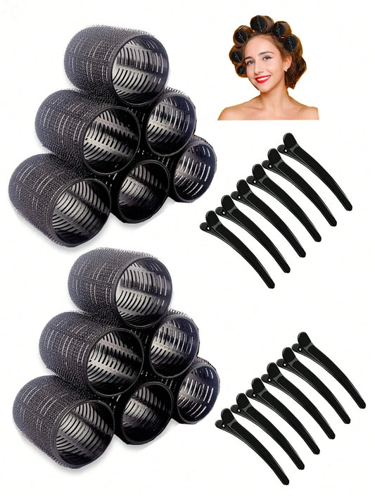 Large Heatless Self-Adhesive Hook-And-Loop Hair Curlers 6/12pcs, 12pcs Black Alligator Hair Clip Hair Curlers, Suitable For Long And Short Hair, Heatless Hair Curlers
