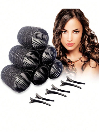 Large Heatless Self-Adhesive Hook-And-Loop Hair Curlers 6/12pcs, 12pcs Black Alligator Hair Clip Hair Curlers, Suitable For Long And Short Hair, Heatless Hair Curlers