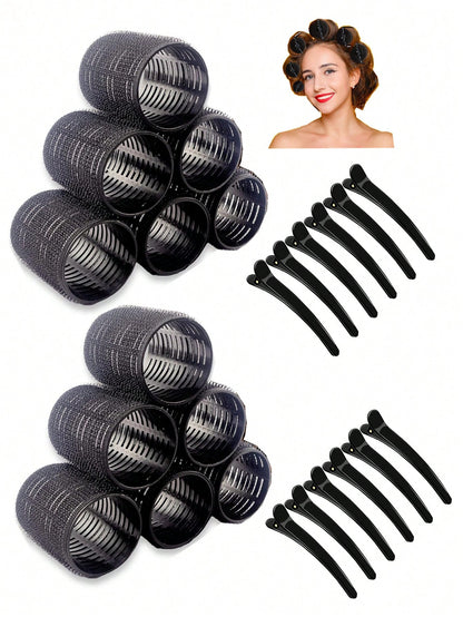 Large Heatless Self-Adhesive Hook-And-Loop Hair Curlers 6/12pcs, 12pcs Black Alligator Hair Clip Hair Curlers, Suitable For Long And Short Hair, Heatless Hair Curlers