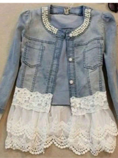 Large Size Fashionable Women's Jacket, Elegant Lace Stitching, Beaded Design Women's Casual Jacket, Spring And Autumn Daily Wear