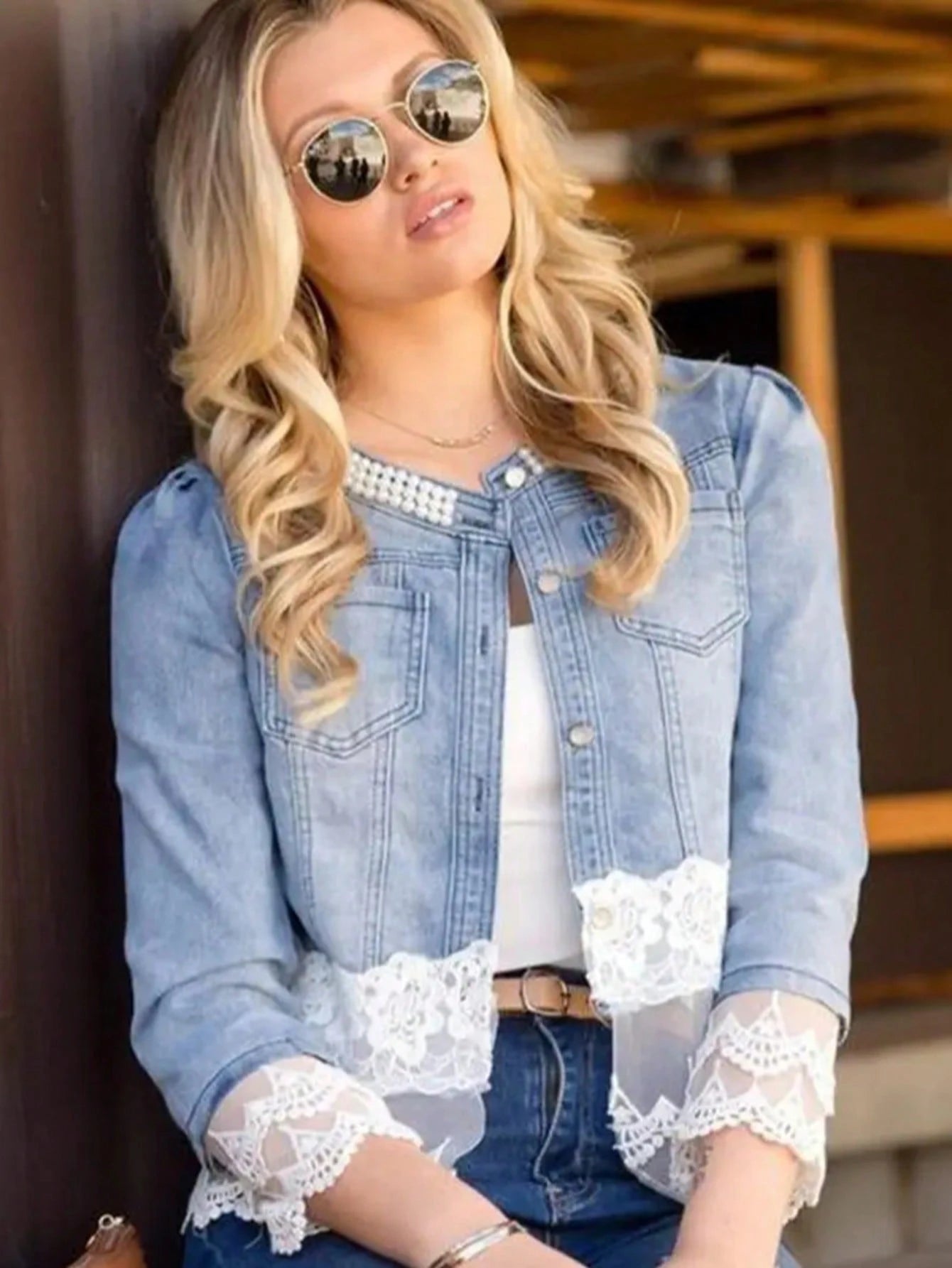 Large Size Fashionable Women's Jacket, Elegant Lace Stitching, Beaded Design Women's Casual Jacket, Spring And Autumn Daily Wear