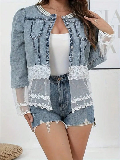 Large Size Fashionable Women's Jacket, Elegant Lace Stitching, Beaded Design Women's Casual Jacket, Spring And Autumn Daily Wear