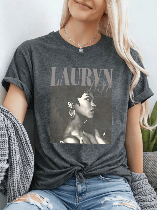 Lauryn Hill Portrait Print Colored Cotton T-Shirt Women's Colored Cotton T-Shirt Understated Luxury Casual Tee Y2K Style With Digital Print