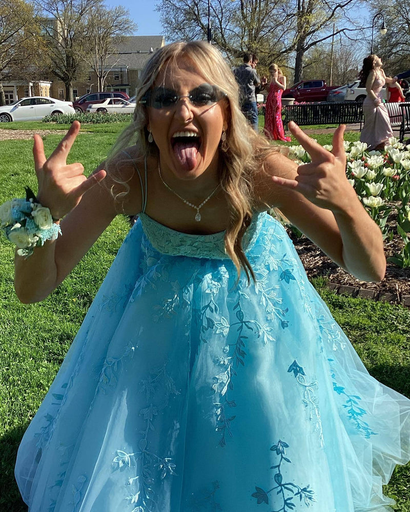 Lavender Lace Appliques A-line Long Prom Dress