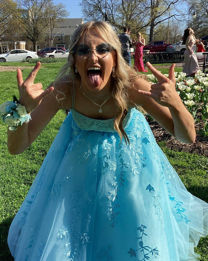 Lavender Lace Appliques A-line Long Prom Dress