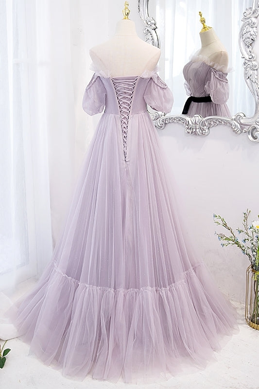 Lavender Soft Tulle Off the Shoulder Long Prom Dress