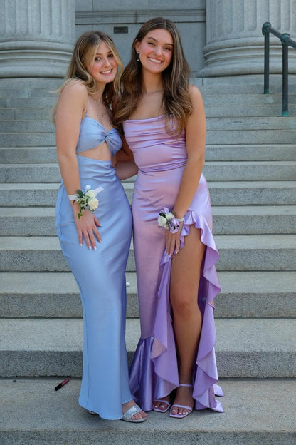 Lavender Straps Cowl Neck Satin Long Party Dress