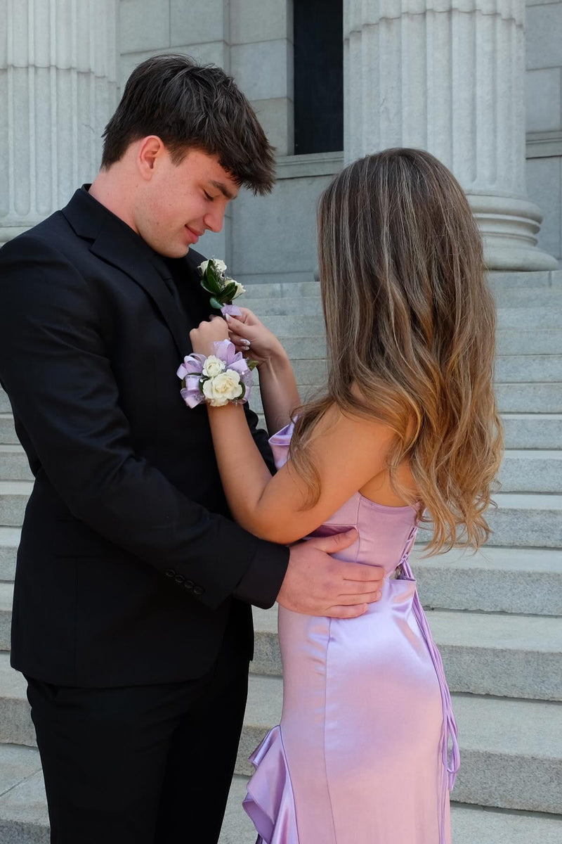 Lavender Straps Cowl Neck Satin Long Party Dress
