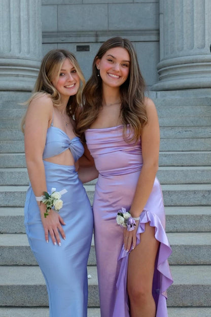 Lavender Straps Cowl Neck Satin Long Party Dress