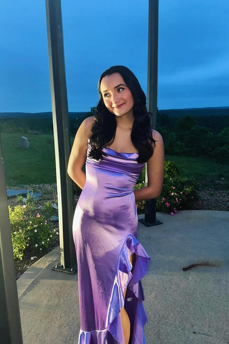 Lavender Straps Cowl Neck Satin Long Party Dress