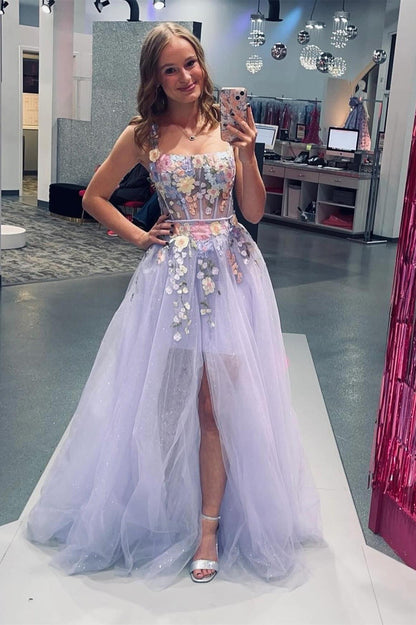 Lavender Tight Floral Dress with Train