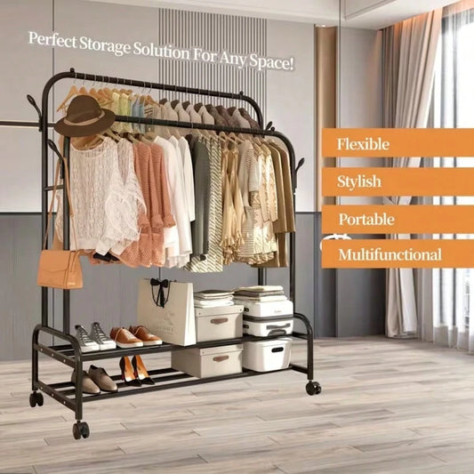LEO IRIS Durable Metal Hanger With Double Poles And Wheels, Equipped With Shelves And Hooks, A Multifunctional Wardrobe Solution Suitable For Independent Metal Hangers In Bedrooms, Laundry Rooms, And
