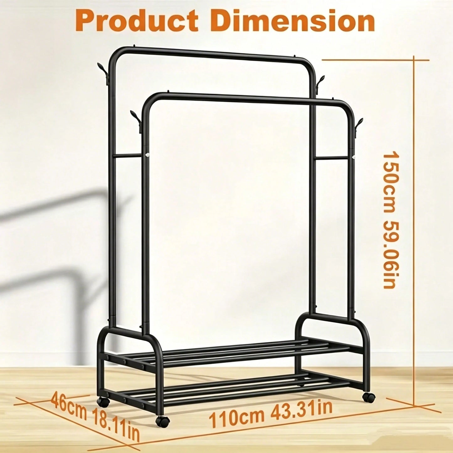 LEO IRIS Durable Metal Hanger With Double Poles And Wheels, Equipped With Shelves And Hooks, A Multifunctional Wardrobe Solution Suitable For Independent Metal Hangers In Bedrooms, Laundry Rooms, And
