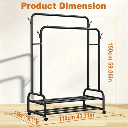 LEO IRIS Durable Metal Hanger With Double Poles And Wheels, Equipped With Shelves And Hooks, A Multifunctional Wardrobe Solution Suitable For Independent Metal Hangers In Bedrooms, Laundry Rooms, And