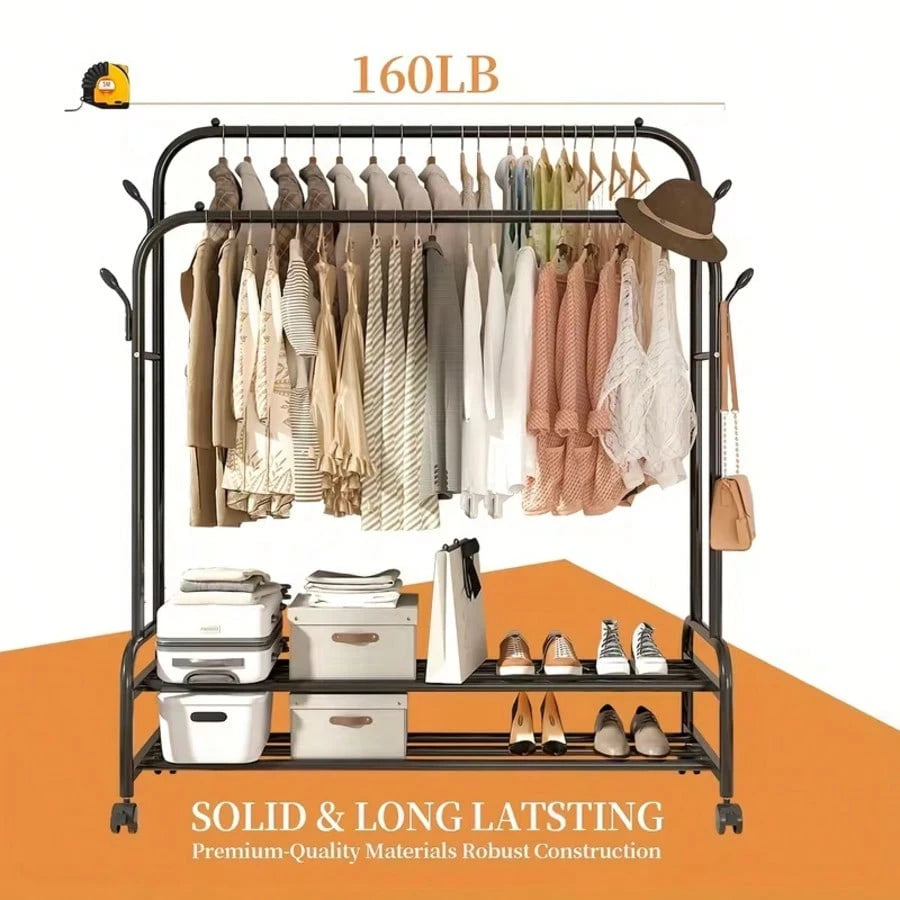 LEO IRIS Durable Metal Hanger With Double Poles And Wheels, Equipped With Shelves And Hooks, A Multifunctional Wardrobe Solution Suitable For Independent Metal Hangers In Bedrooms, Laundry Rooms, And