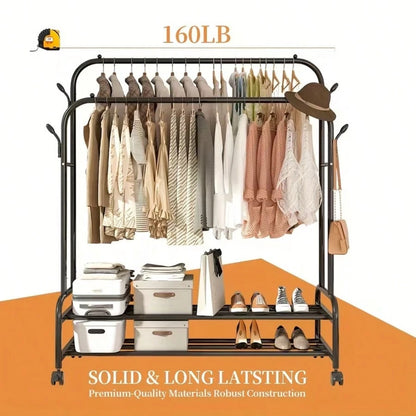 LEO IRIS Durable Metal Hanger With Double Poles And Wheels, Equipped With Shelves And Hooks, A Multifunctional Wardrobe Solution Suitable For Independent Metal Hangers In Bedrooms, Laundry Rooms, And