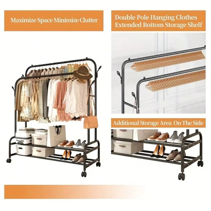 LEO IRIS Durable Metal Hanger With Double Poles And Wheels, Equipped With Shelves And Hooks, A Multifunctional Wardrobe Solution Suitable For Independent Metal Hangers In Bedrooms, Laundry Rooms, And