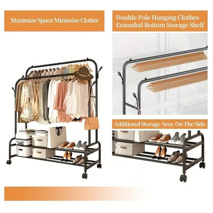 LEO IRIS Durable Metal Hanger With Double Poles And Wheels, Equipped With Shelves And Hooks, A Multifunctional Wardrobe Solution Suitable For Independent Metal Hangers In Bedrooms, Laundry Rooms, And
