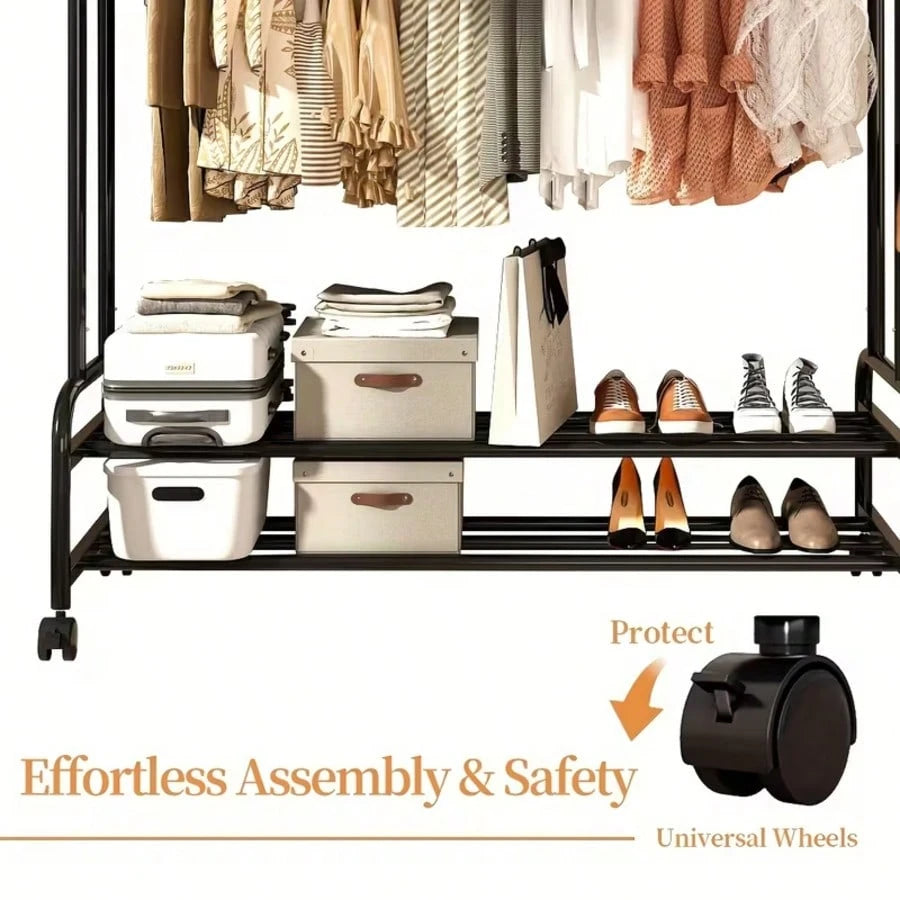 LEO IRIS Durable Metal Hanger With Double Poles And Wheels, Equipped With Shelves And Hooks, A Multifunctional Wardrobe Solution Suitable For Independent Metal Hangers In Bedrooms, Laundry Rooms, And