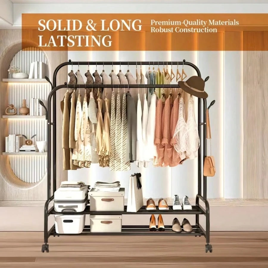 LEO IRIS Durable Metal Hanger With Double Poles And Wheels, Equipped With Shelves And Hooks, A Multifunctional Wardrobe Solution Suitable For Independent Metal Hangers In Bedrooms, Laundry Rooms, And
