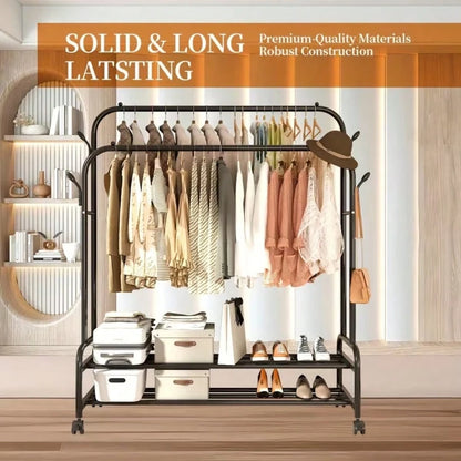 LEO IRIS Durable Metal Hanger With Double Poles And Wheels, Equipped With Shelves And Hooks, A Multifunctional Wardrobe Solution Suitable For Independent Metal Hangers In Bedrooms, Laundry Rooms, And