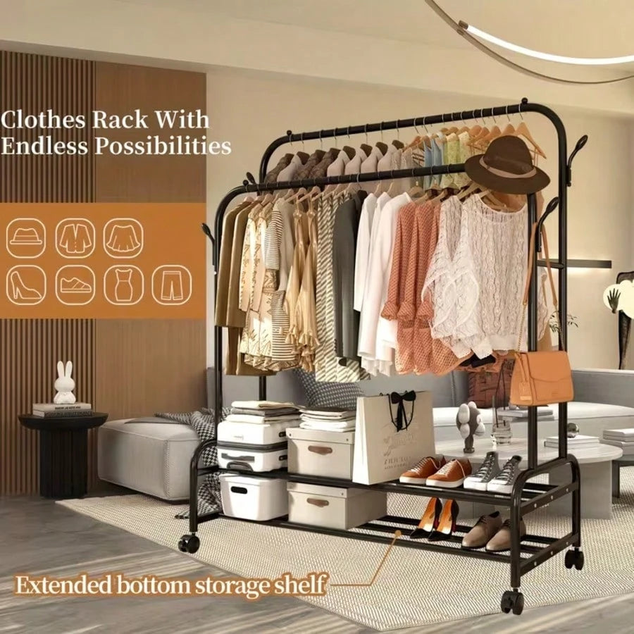 LEO IRIS Durable Metal Hanger With Double Poles And Wheels, Equipped With Shelves And Hooks, A Multifunctional Wardrobe Solution Suitable For Independent Metal Hangers In Bedrooms, Laundry Rooms, And
