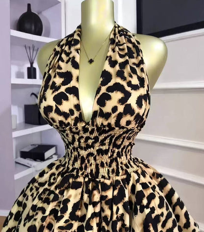 Leopard Chiffon Halter Homecoming Party Dresses,AST1981