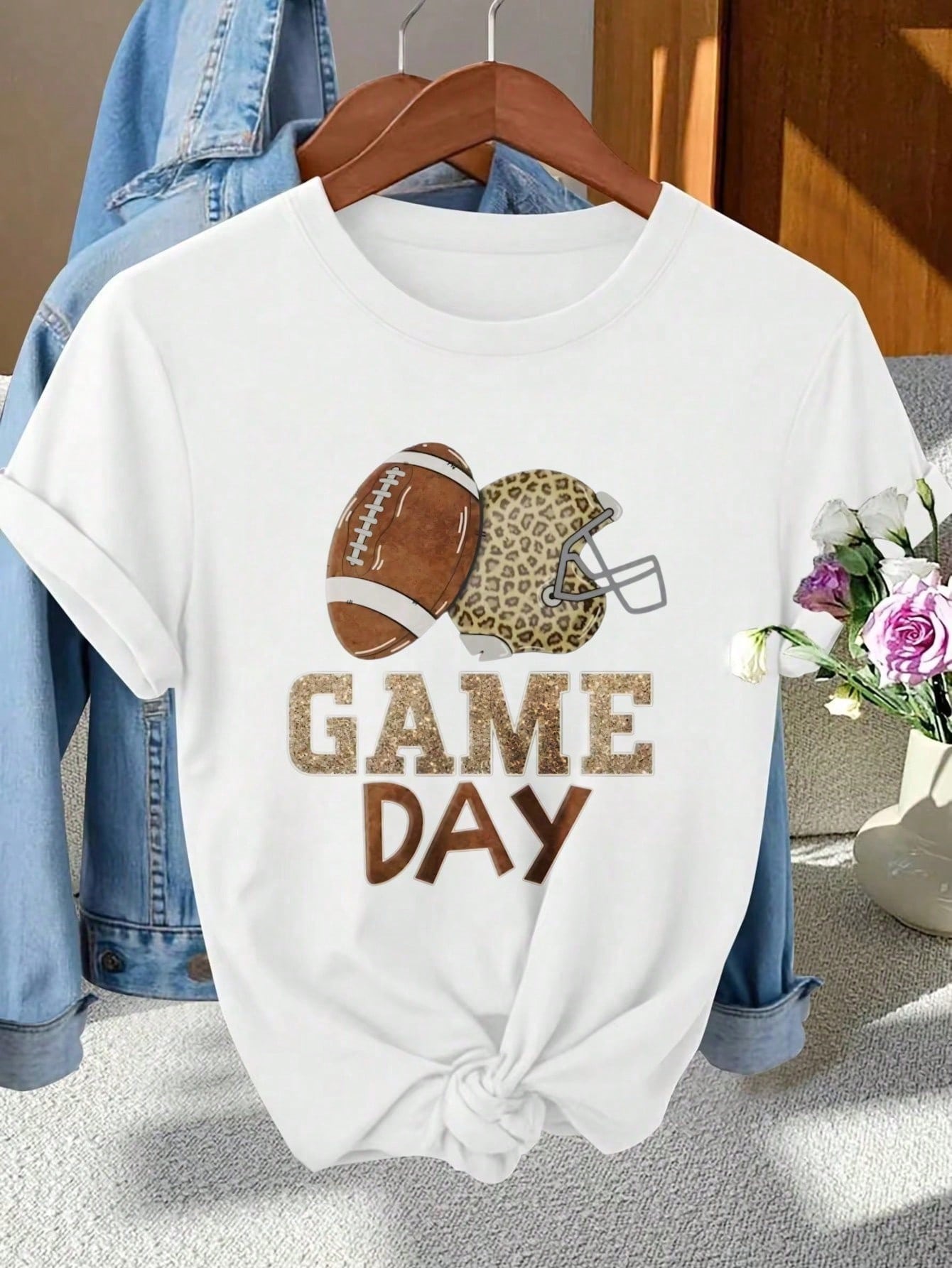 Leopard Print Football Helmet Game Day Graphic Women's T-Shirt Casual Sports Fan Festival Gift