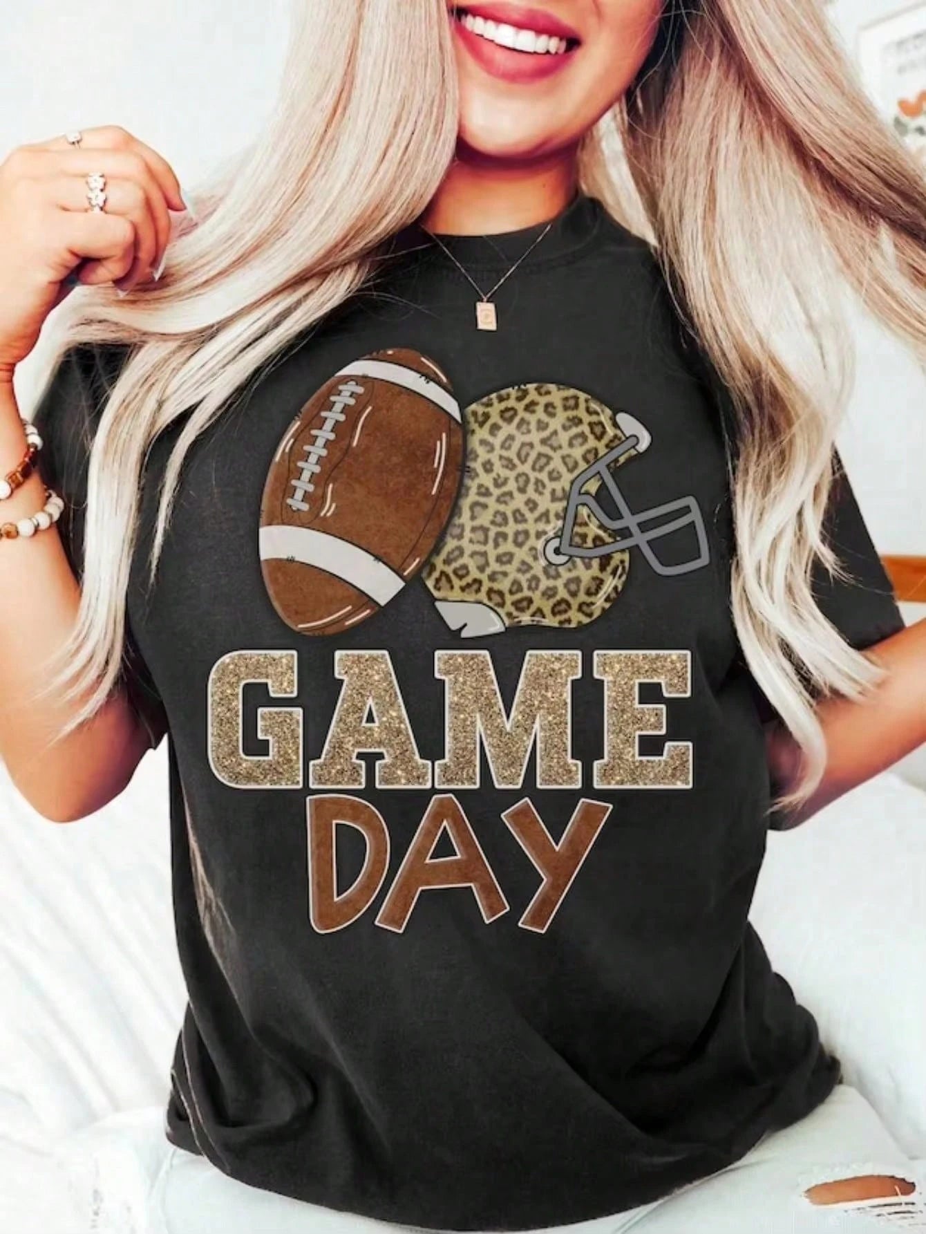 Leopard Print Football Helmet Game Day Graphic Women's T-Shirt Casual Sports Fan Festival Gift