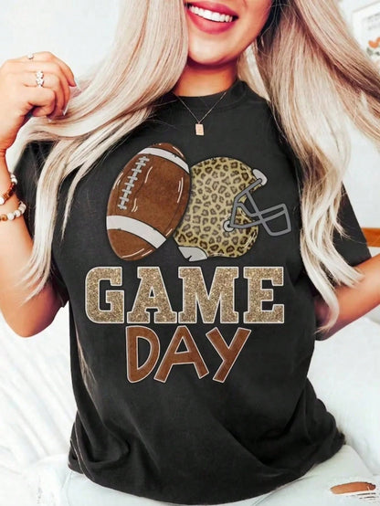 Leopard Print Football Helmet Game Day Graphic Women's T-Shirt Casual Sports Fan Festival Gift