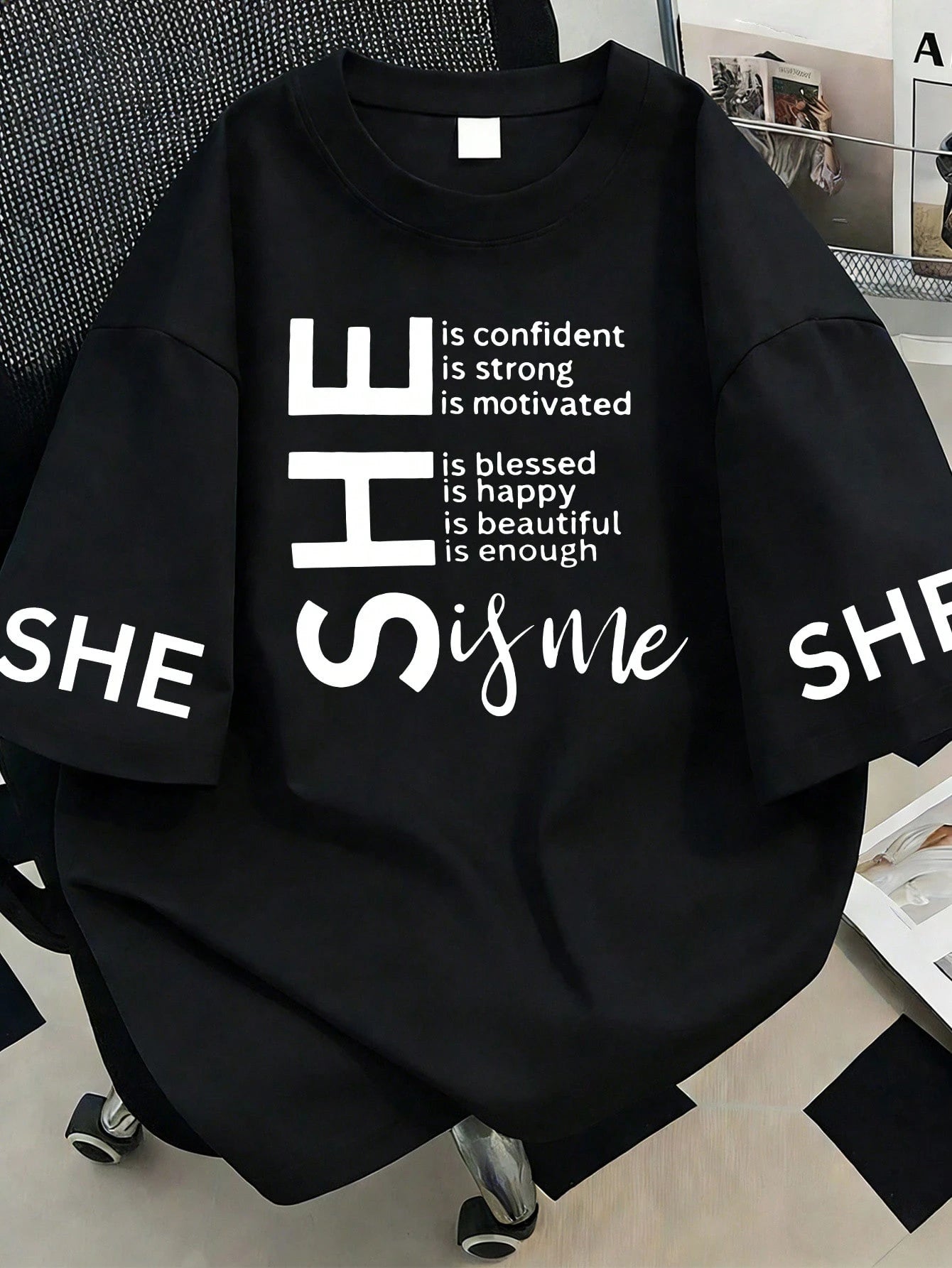 Letter Print T-Shirt, Plus Size Women's Top, Fashion Print Short Sleeve Design.. Casual Black Summer