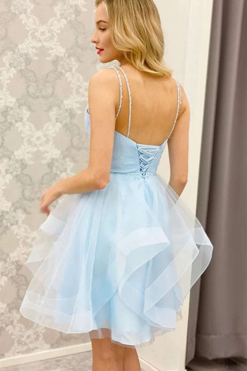 Light Blue A-line Short Ruffles Homecoming Dress,AST1200