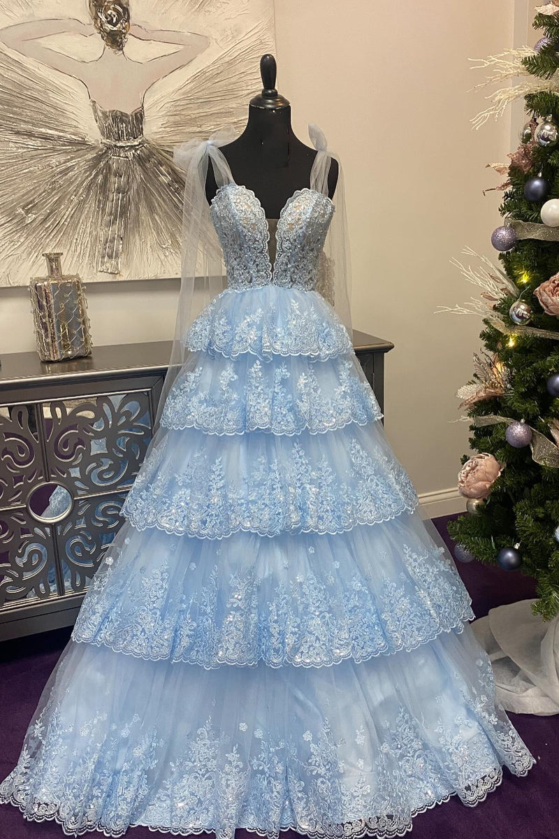 Light Blue Appliques Tiered Ruffle Prom Gown