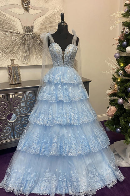 Light Blue Appliques Tiered Ruffle Prom Gown