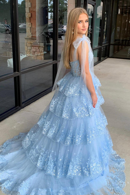 Light Blue Appliques Tiered Ruffle Prom Gown