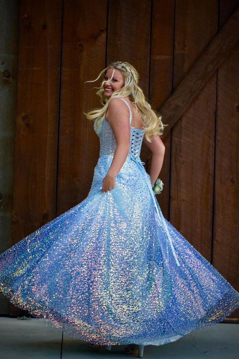 Light Blue Corset A-line Long Prom Dress