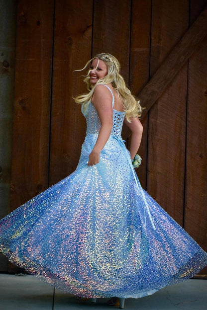 Light Blue Corset A-line Long Prom Dress