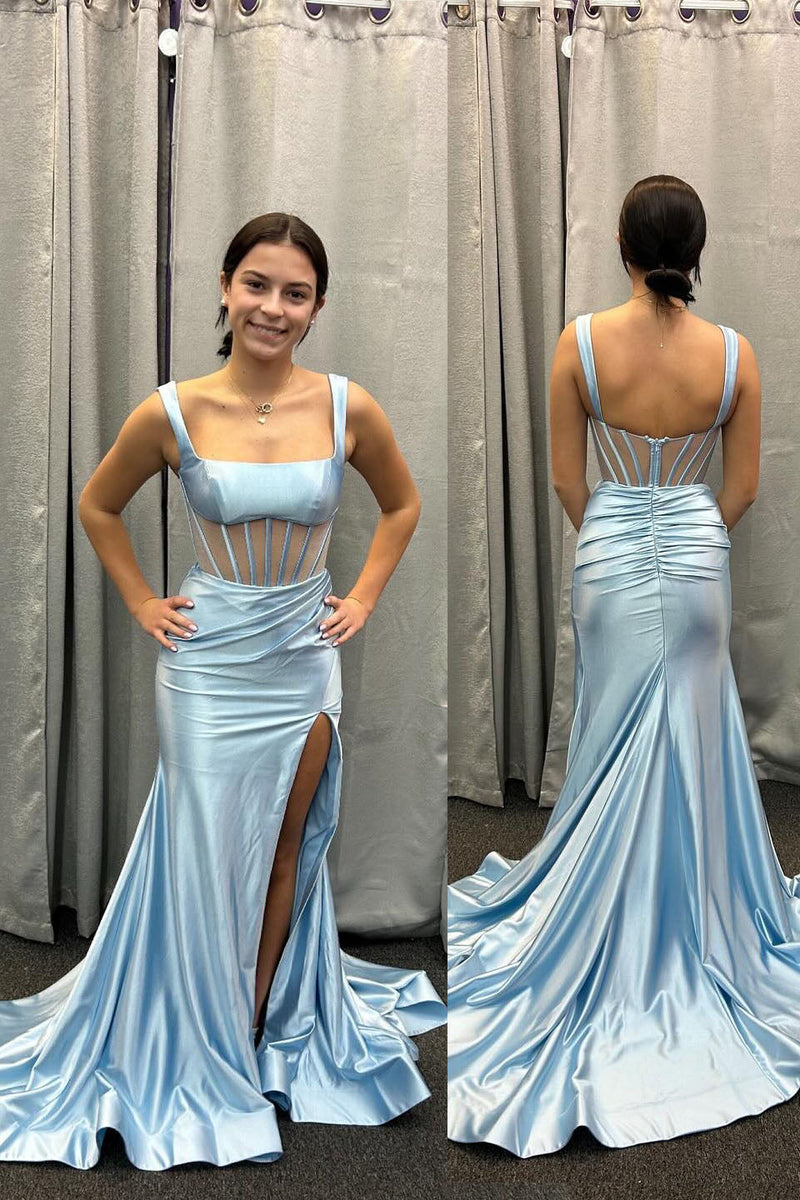 Light Blue Corset Satin Fitted Long Prom Dress