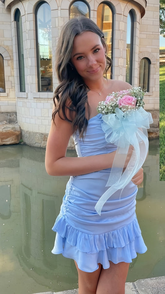 Light Blue Homecoming Dresses Strapless Homecoming Dress Pleated Mini Party Dresses,AST1992