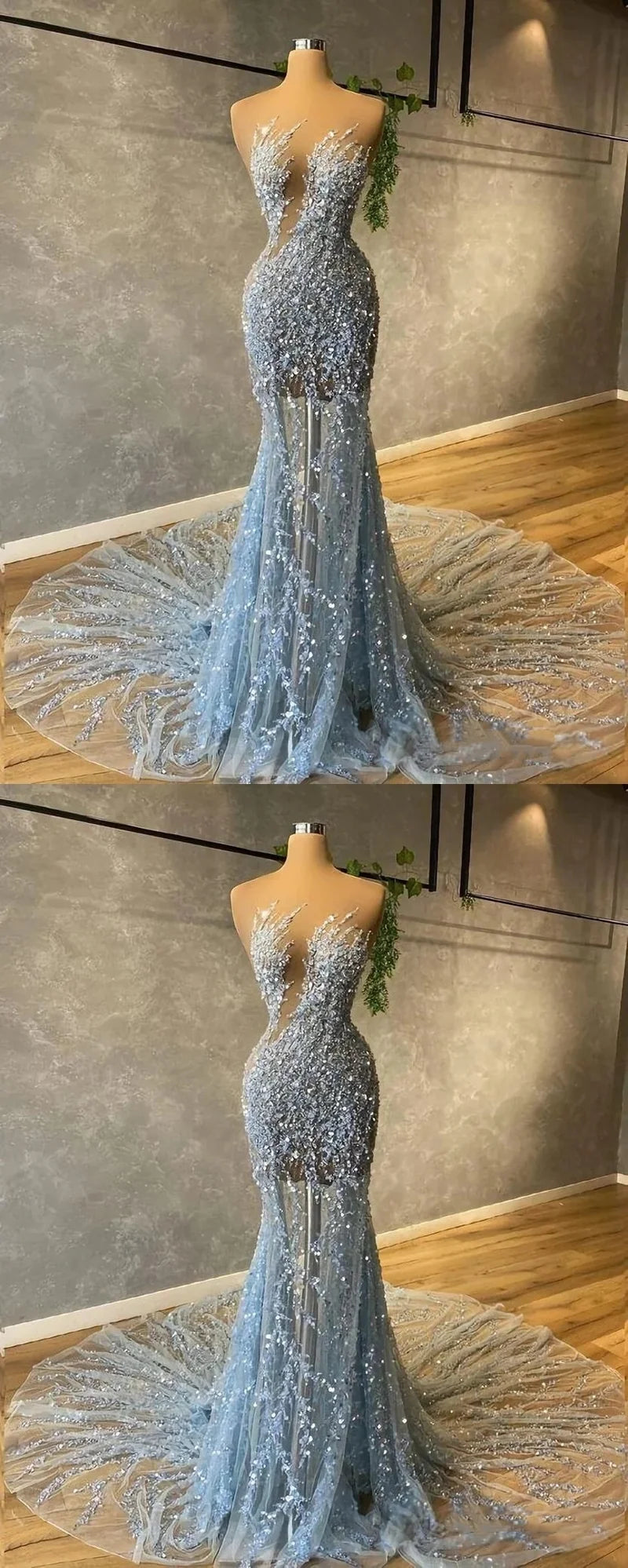 Light Blue Mermaid Sequin Party Dresses Sexy Prom Dress,AST2287