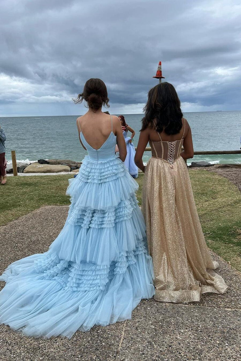 Light Blue Pleated A-line Tiered Prom Dress