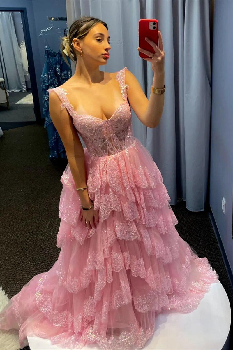 Light Blue Sequin Appliques Tiered Ruffles Prom Gown
