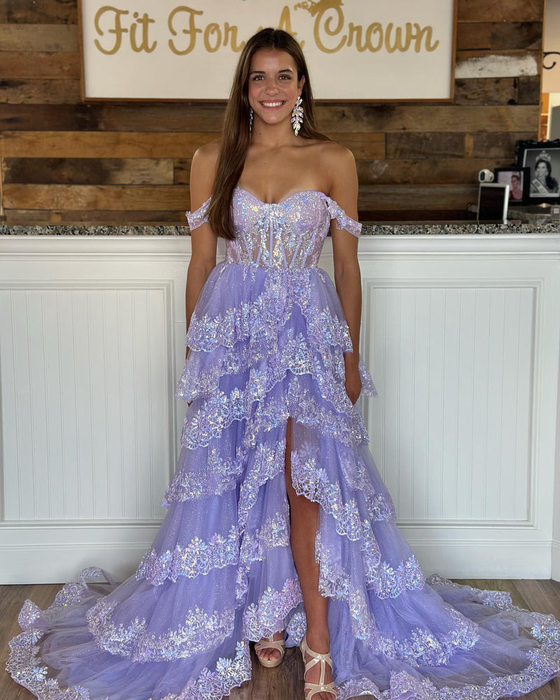 Light Blue Sequin Appliques Tiered Ruffles Prom Gown