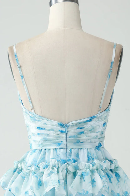 Light Blue White Floral Chiffon Homecoming Dresses Spaghetti Straps A-line Party Gown, AST1349