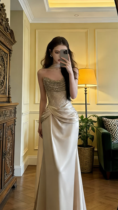 Light champagne-colored strapless fitted long ball gown, bridal dress,AST2309